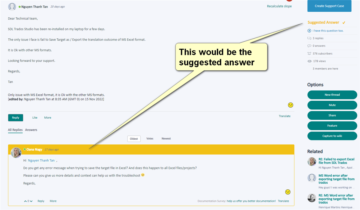 Screenshot of a Trados Studio support forum post by Nguyen Thanh Tan reporting an issue with saving target asexporting MS Excel format, with a highlighted suggested answer.