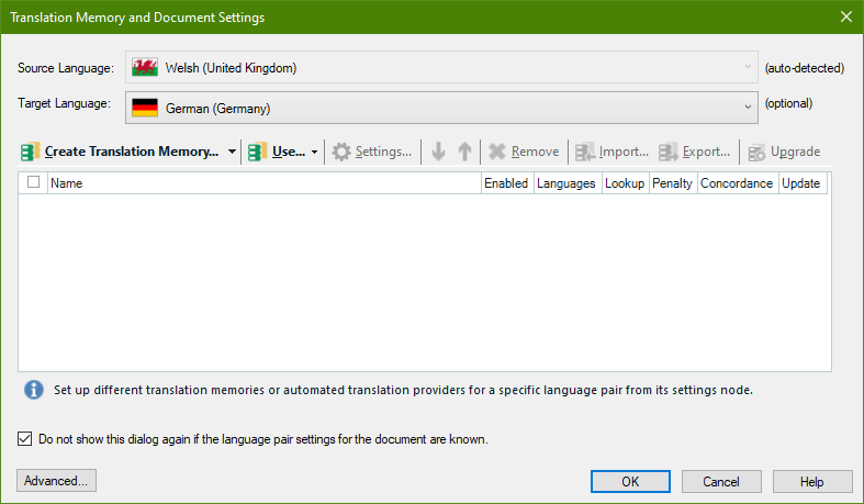 Trados Studio 'Translation Memory and Document Settings' window with source language Welsh (United Kingdom) and target language German (Germany) marked as optional.