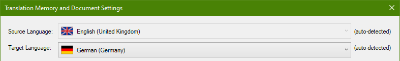 Trados Studio 'Translation Memory and Document Settings' window with source language English (United Kingdom) and target language German (Germany) auto-detected.