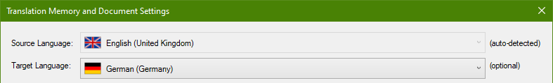 Trados Studio 'Translation Memory and Document Settings' window with source language English (United Kingdom) and target language German (Germany) marked as optional.