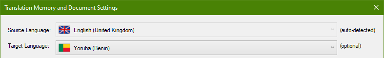 Trados Studio 'Translation Memory and Document Settings' window with source language English (United Kingdom) and target language Yoruba (Benin) marked as optional.
