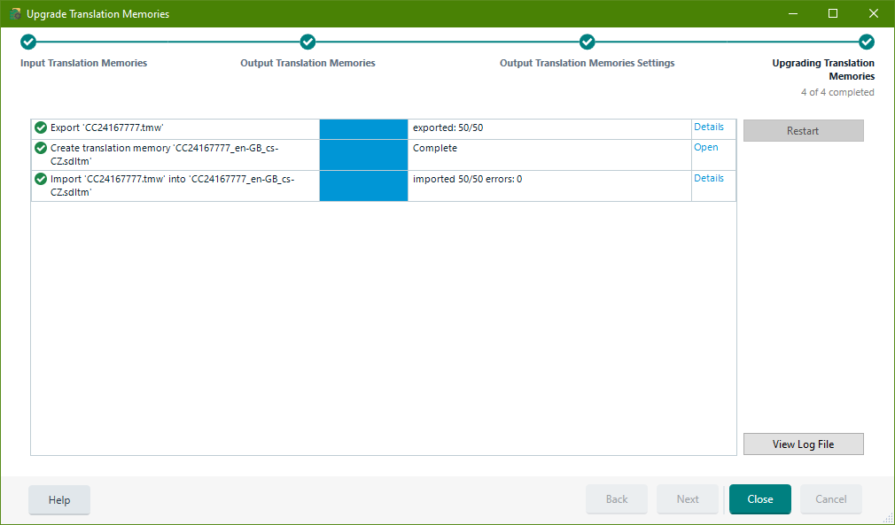 Trados Studio screenshot showing the 'Upgrade Translation Memories' window with successful completion of tasks: Export, Create translation memory, and Import with no errors.