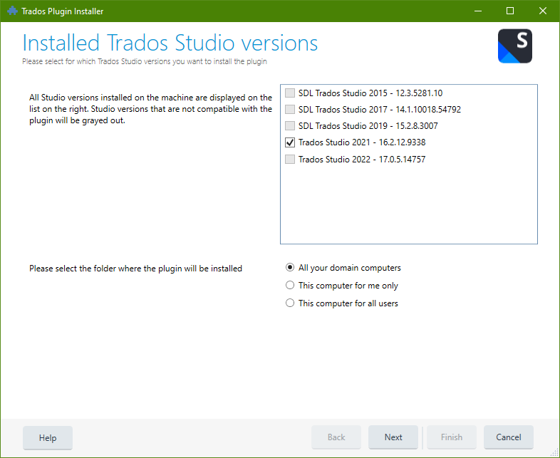 Trados Plugin Installer window displaying a list of installed Trados Studio versions with checkboxes, Trados Studio 2021 - 16.2.9.9338 checked.