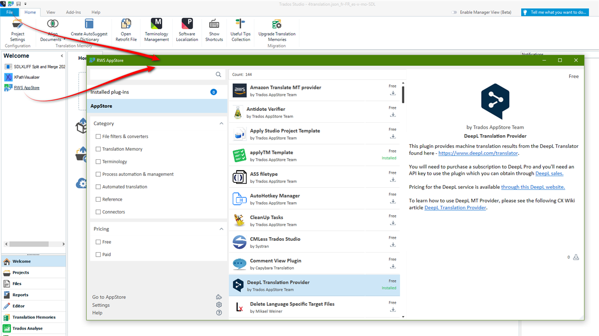 Trados Studio interface showing the Welcome View with a red arrow pointing to the RWS AppStore link for installing plugins.
