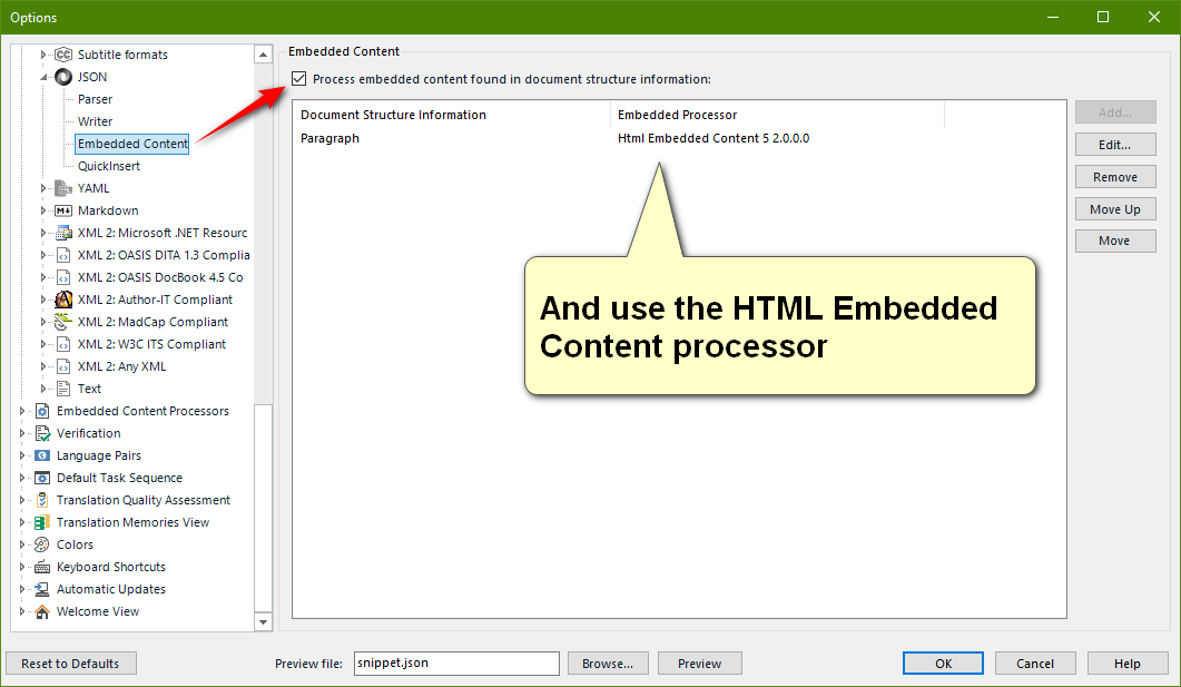 Trados Studio options menu with Embedded Content selected, showing a tooltip suggesting to use the HTML Embedded Content processor.