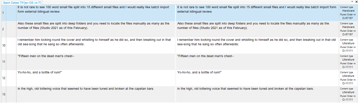Trados Studio text comparison window displaying two columns of text, with differences highlighted, including a literary excerpt and content type 'Literature' with Plunet Order nr. '0-11111'.