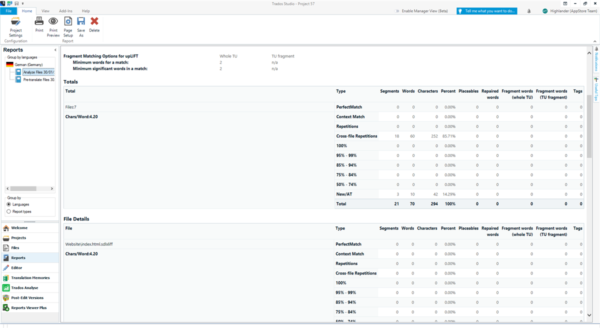 Trados Studio interface showing the Reports view with analysis results for German language, including total word count and file details.