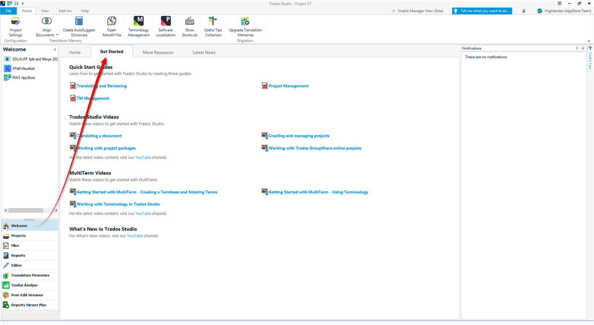Trados Studio welcome screen displaying Quick Start Guides and Trados Studio Videos for new users to learn about the product.