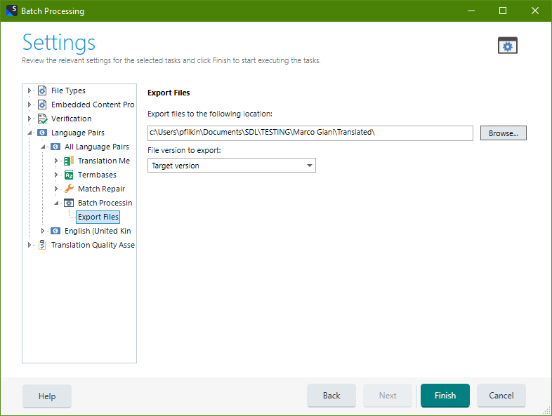 Trados Studio 'Batch Processing' settings window with 'Export Files' selected, showing file export location path and 'Target version' selected for file version to export.