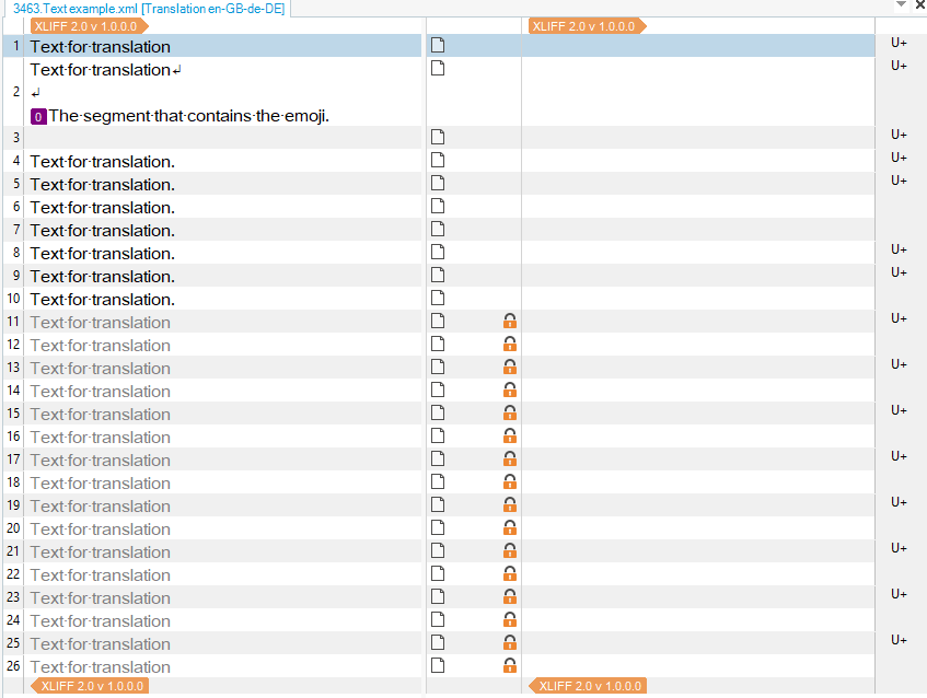 Screenshot of Trados Studio interface showing a list of text segments for translation with an error icon next to the segment that contains an emoji.