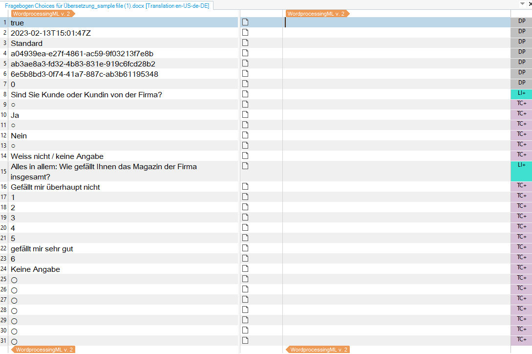 Screenshot of Trados Studio 2021 showing a translation file with segments in German and English. No visible errors or warnings.