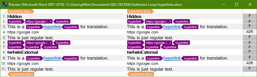 Screenshot of the editor view in Trados Studio. A DOCX file is open and it shows some segments that used the hidden text attribute in Word, and then some sentences using the tw4winExternal style. The segments using the tw4winExternal style have been hidden.