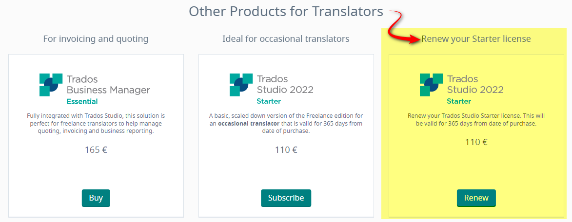 Screenshot showing where to renew a Starter licence in the Trados Store
