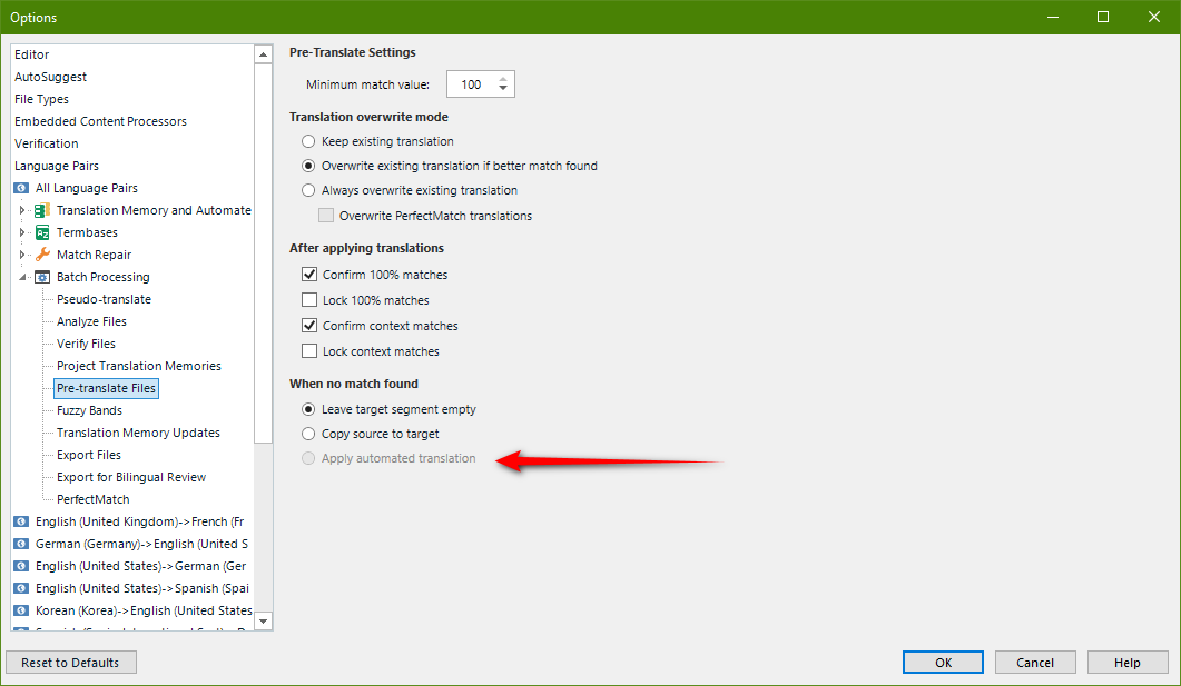 Screenshot showing the pre-translate settings in File -> Options
