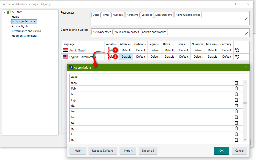 Screenshot showing where to add your abbreviations in a TM.