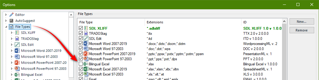 Screnshot showing the Bilingual Excel filetype at the top of the list, but unchecked.