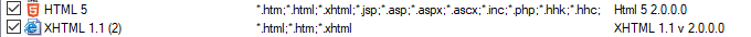 Screenshot showing HTML above XHTML in the filetype settings list.