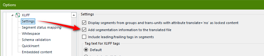 Screenshot showing the "Add segmentation information to the translated file" option checked in the filetype settings for XLIFF.