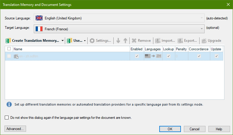 Screenshot showing the open single file for translation window and the detecection of the source and target languages.