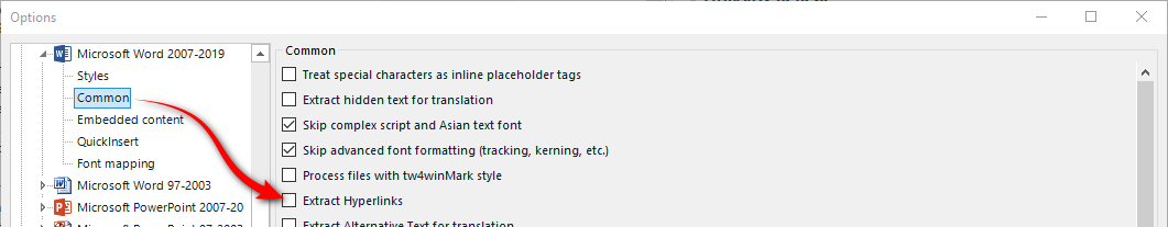 Screenshot showing the filetype option to exclude hyperlinks - it's unchecked.