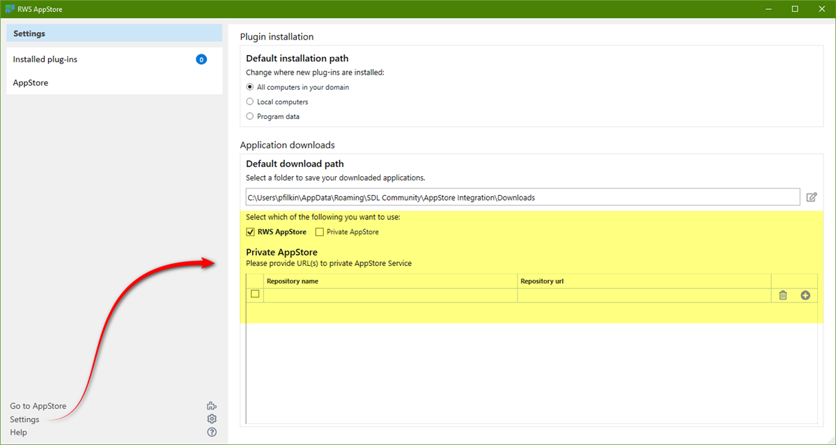 This is a screenshot of the "RWS AppStore" settings page. On the left side, there's a blue vertical navigation pane with the following options: "Installed plug-ins", "AppStore", "Go to AppStore", "Settings", and "Help". The main content area displays settings related to "Plugin installation" and "Application downloads". Under "Plugin installation", there are options to select the default installation path with radio buttons for "All computers in your domain", "Local computers", and "Program data". Under "Application downloads", there's a field displaying a default download path and another section labelled "Private AppStore". This section prompts the user to provide URL(s) to a private AppStore Service with fields for "Repository name" and "Repository url". A red curved arrow points towards the "Private AppStore" section.
