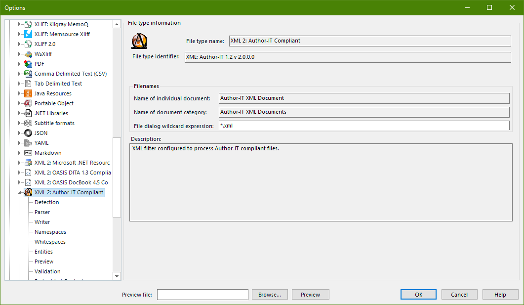 Screenshot of the Options settings in Trados Studio for configuring file types, showing settings for XML 2: Author-IT Compliant files.