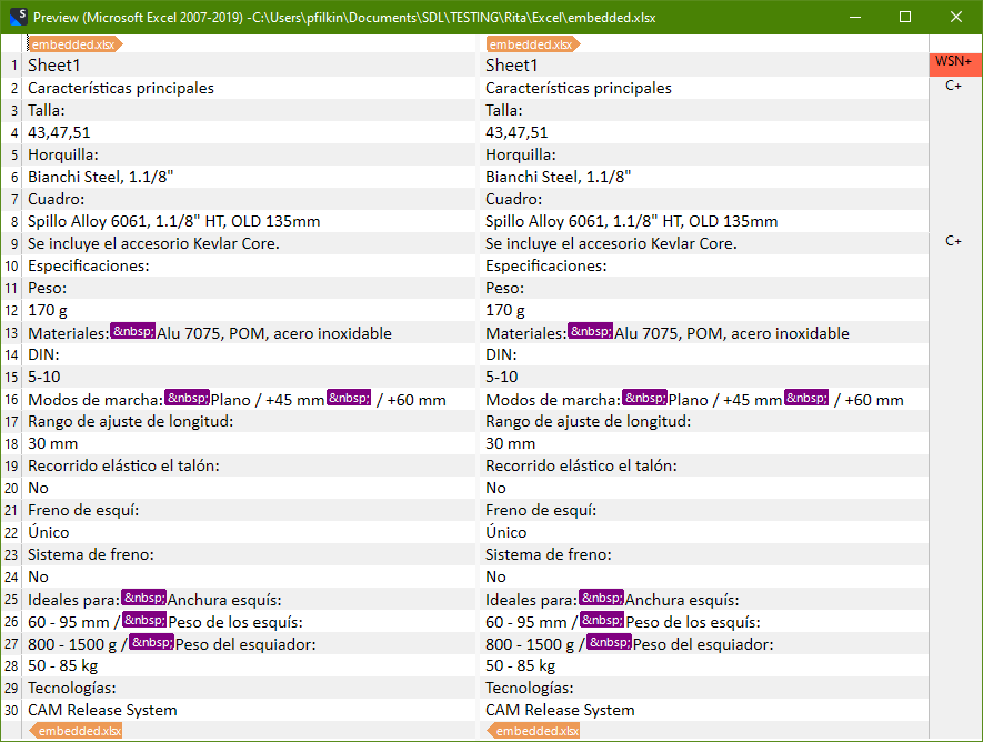 Screenshot of a Microsoft Excel preview window showing two columns of text in Spanish, comparing product specifications. The text is displayed in a green and red color scheme, indicating tracked changes or differences between two versions of a document. Notable elements include specifications such as "Talla" (size), "Hormilla" (fork), made of "Bianchi Steel", "Cuadro" (frame) of "Spillo Alloy 6061," and various other features related to skiing equipment like "Freno de esquí" (ski brake), "Peso" (weight), and "Materiales" (materials), with some HTML character references like "& nbsp;" (non-breaking space) visible in the text. The file path suggests it's being viewed from a user's documents directory.