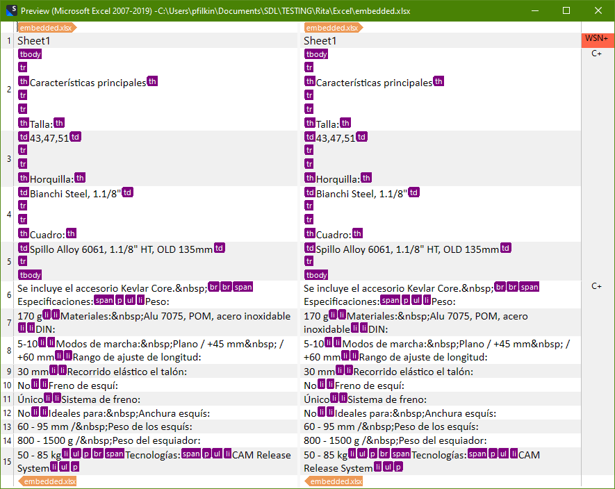 Screenshot of a side-by-side comparison of text within Trados Studio, displaying tracked changes in a table format with HTML tags visible. The left side of the comparison shows original text and the right side shows revised text, with changes highlighted in purple. Both columns list technical specifications for a product in Spanish with HTML elements such as "tbody", "tr", "th", "td", and various attributes such as "br", "span", and non-breaking spaces ( ). Notable entries include "Talla" (size), "Hormilla" (fork), "Cuadro" (frame), and "Peso" (weight). There are also some symbols like circles and squares inserted into the text, possibly indicating formatting or validation errors