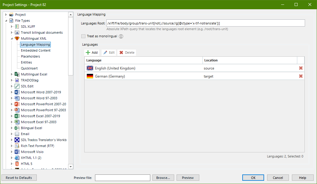 The image shows a translation software's 'Language Mapping' settings, with English set as the source language and German as the target. An XPath query is present, and the 'Treat as monolingual' option is unchecked.