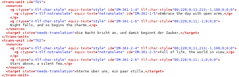 The image displays a snippet of an XML code from a translation software, showing two translation units. The first unit contains the English source text "Night falls, and so begins the charms," with its German translation "Die Nacht bricht an, und damit beginnt der Zauber." The second unit has the English text "Stars above, a silent few," and its German counterpart "Sterne über uns, ein paar stille." The code includes markup for translation states and formatting, with tags indicating text style and translation attributes.