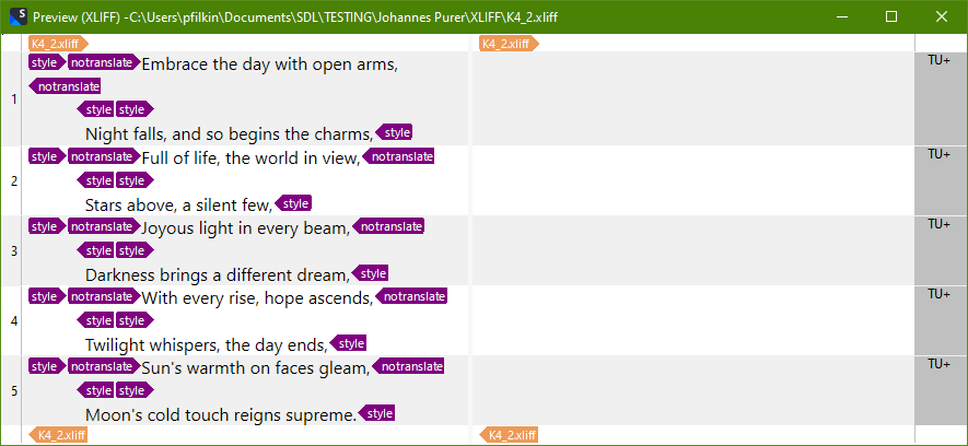 The image is a screenshot of a text editor within translation software, showing English text awaiting translation. Alternate lines are marked with 'notranslate', highlighted in purple, indicating they should remain untranslated. The unmarked lines are part of a poem about nightfall and nature, while the marked lines are instructional or non-poetic. The right side of the interface is blank, designated for the translated text, and each line has a 'TU+' marker, perhaps signifying 'Translation Unit'.