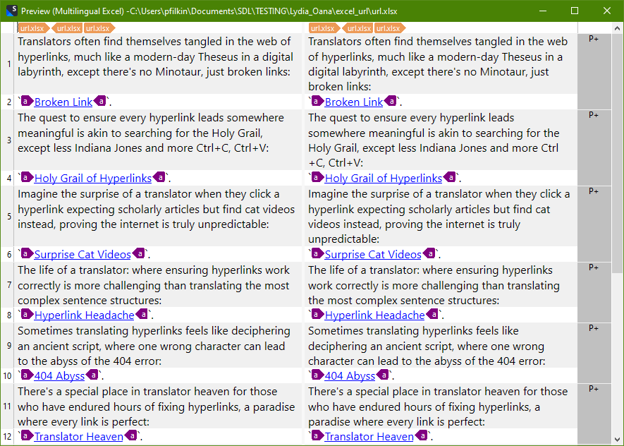 Screenshot of Trados Studio's Multilingual Excel preview with highlighted text. Sections titled 'Broken Link', 'Holy Grail of Hyperlinks', 'Surprise Cat Videos', 'Hyperlink Headache', '404 Abyss', and 'Translator Heaven' are visible.
