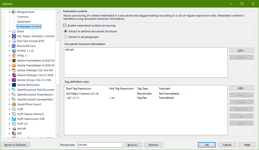 The image displays a settings window from Trados Studio for configuring embedded content in translation documents. The focus is on the 'Embedded Content' settings for a 'Bilingual Excel' file type. Options for processing embedded content are visible, along with rules for tagging definitions where a regular expression for URLs is set up. The interface includes various buttons for applying, editing, and previewing settings.