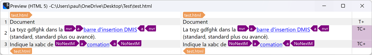 Screenshot of an HTML preview in Trados Studio, highlighting HTML tags and content. The window title 'test.html' is shown at the top left and again at the bottom. The HTML content displayed includes two segments with visible HTML tags. The first segment: 'La txyz gdfghk dans la', followed by a purple 'nvr' tag, a hyperlink 'barre d'insertion DMIS' encapsulated by 'a' tags, and closing 'nvr' tag, with text '(standard, standard plus ou avancé)'. The second segment: 'Indique la xabc de', followed by a purple 'NoNextM' tag, a hyperlink 'comation' encapsulated by 'a' tags, and a closing 'NoNextM' tag. The 'nvr' and 'NoNextM' tags are highlighted in purple, and the 'a' tags in lighter purple.
