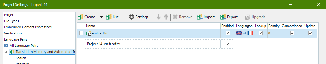 Here's the project settings showing a Project TM below the main TM that was selected when the project was created.