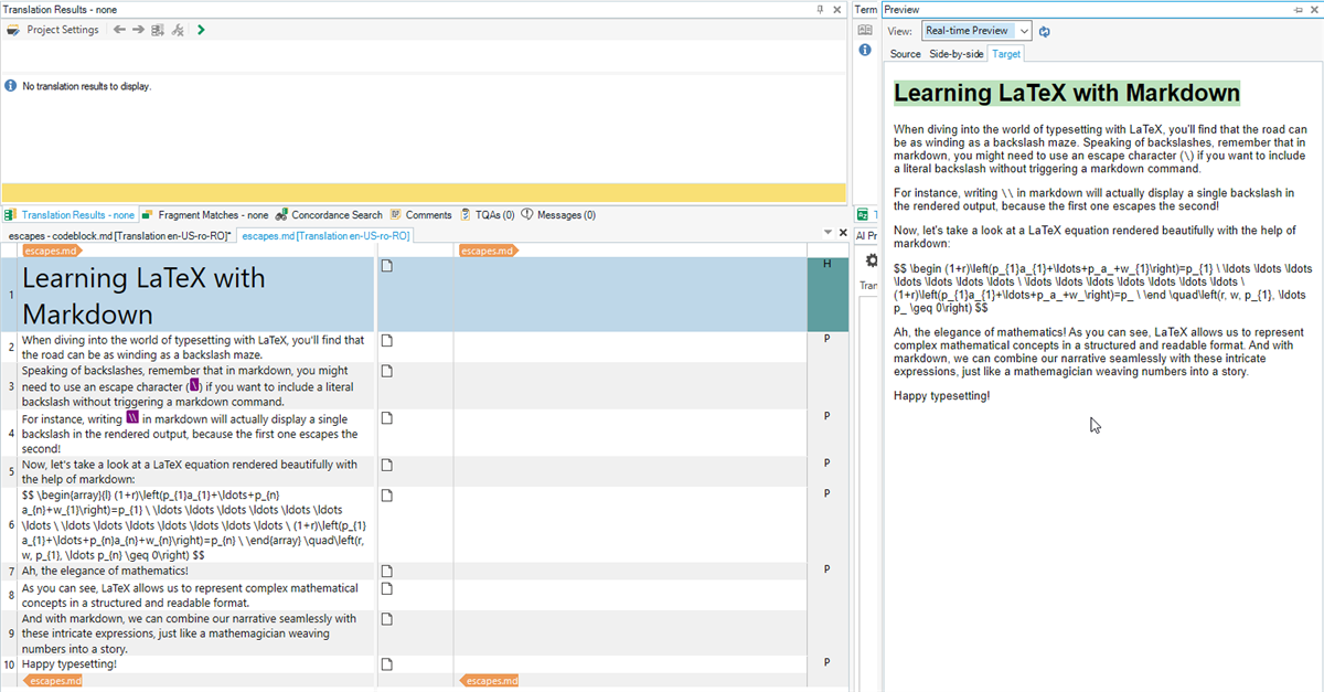 Screenshot of the MD file open in Trados Studio and the preview generated.