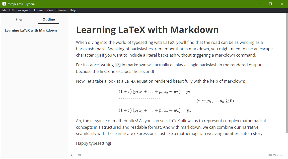 Screenshot of the MD file open in Typora displaying a Maths Equation created from LaTex markup.