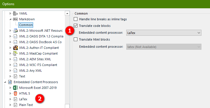 Screenshot showing the Mardown filetype options and the embedded content processor is selected and set to use a custom processor called LaTex