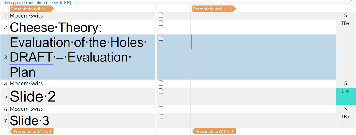 Powerpoint file opened in the editor showing three segments with the section name extracted for translation.  They have the 'S' for section name in the document structure column
