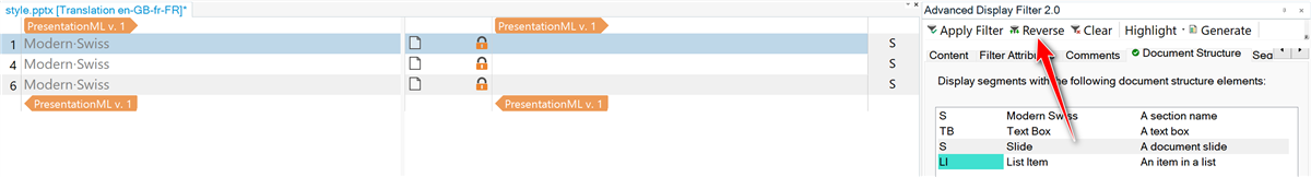 The filter is no reversed so we only see the segments with the section names, and they have all been locked.