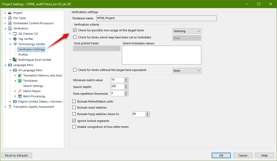 Screenshot showing the verification settings for a termbase added to a project.