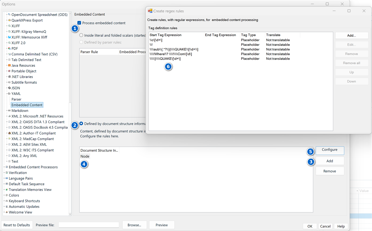 Trados Studio options window showing 'Embedded Content' settings with 'Process embedded content' checked, 'Defined by document structure information' selected, 'Node' added, and regex rules listed in 'Create regex rules' section.