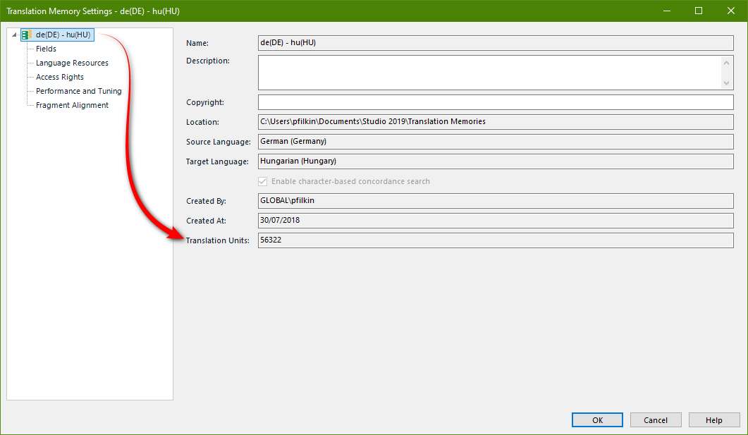Trados Studio Translation Memory Settings window showing details for a German to Hungarian TM, including the number of Translation Units: 56322.