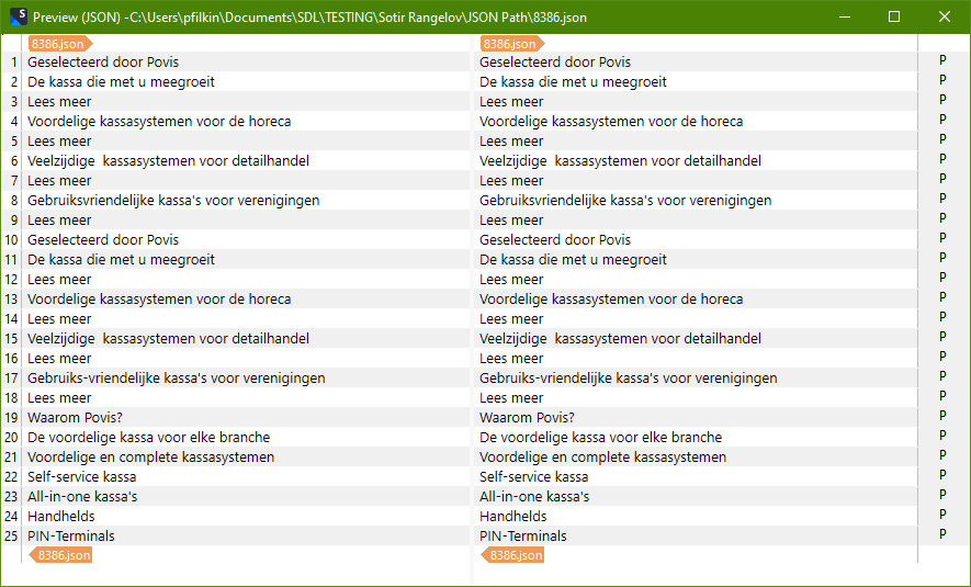 Screenshot of a JSON file named 8386.json opened in a preview window, displaying a list of settings titles and button texts in Dutch, such as 'Geselecteerd door Povis', 'De kassa die met u meegroeit', and 'Lees meer'.