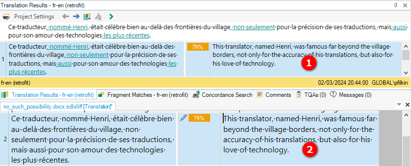 Trados Studio Translation Results window showing a 79% fuzzy match with a French source segment and its English translation. A red warning icon indicates an issue with the translation.