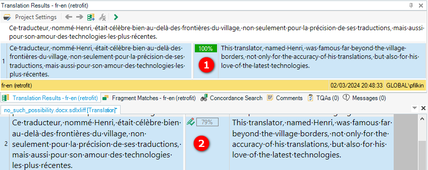 Trados Studio Translation Results window displaying a 100% match after confirming the translation. The previously red warning icon is now a green checkmark, indicating the translation is correct.
