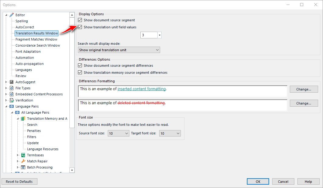 Trados Studio options menu with Editor settings open, showing Translation Results Window options. A red arrow points to 'Show translation unit field values' dropdown set to 3.
