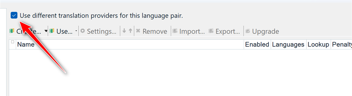 Screenshot of Trados Studio showing an error message with a red exclamation mark next to 'Use different translation providers for this language pair.'