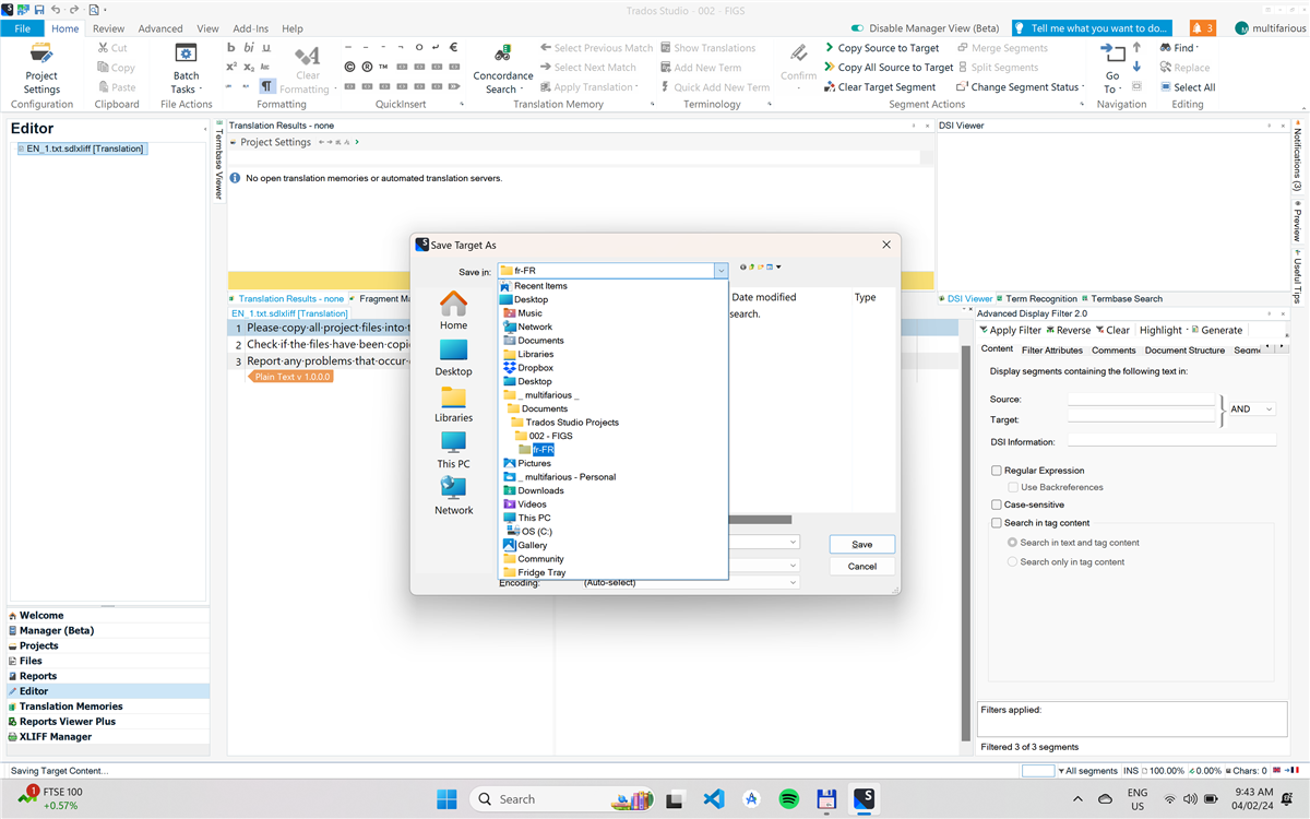 Trados Studio screenshot showing 'Save Target As' dialog box with the target language folder of the active project selected.
