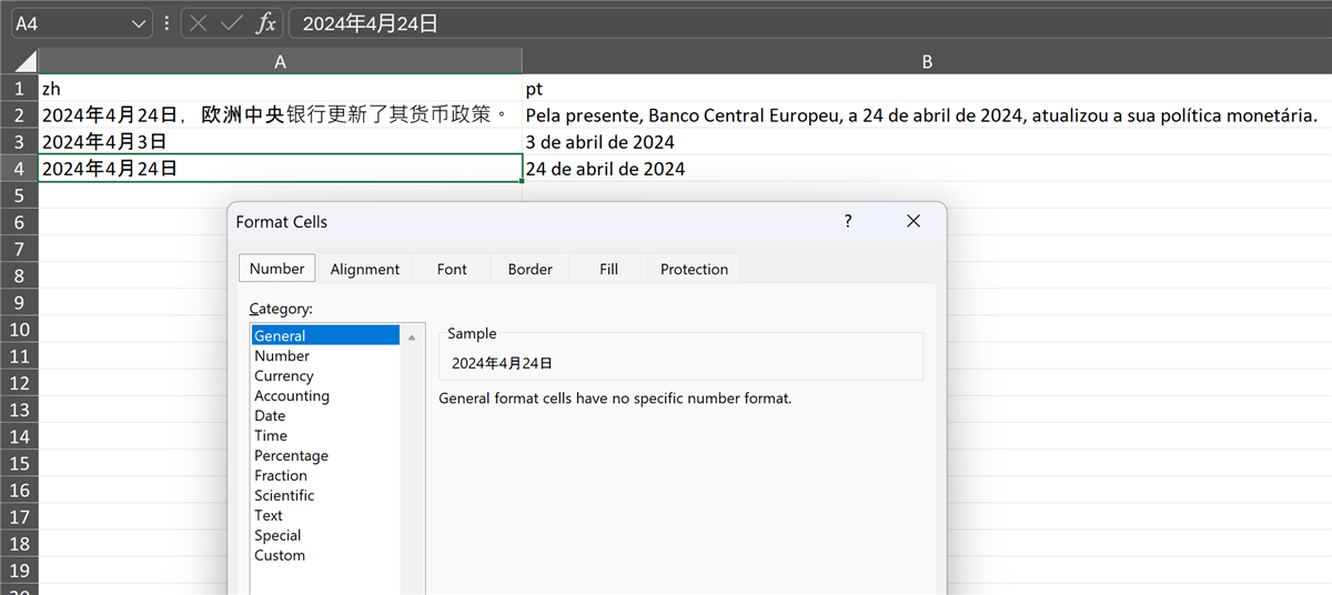 Excel spreadsheet with dates in Chinese and Portuguese, cell format set to General.